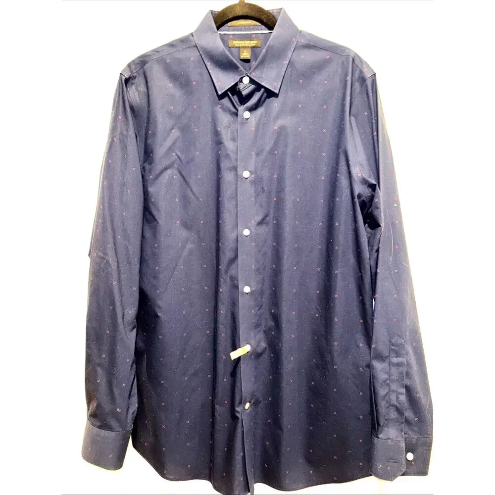 Banana Republic Mens Large Non-Iron Standard Fit Navy Red Print 100% Cotton EUC